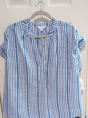 Blue and White Striped V-Neck Popover Top